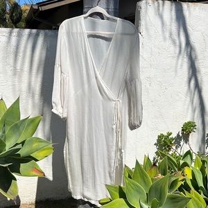 Custom silk chiffon wrap dress / duster with lurex silver and gold stripes
